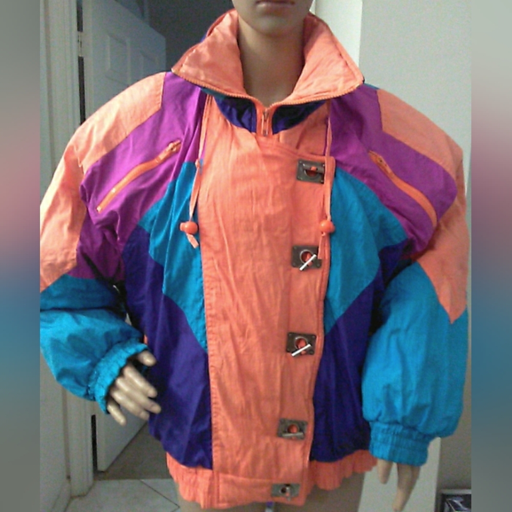 VINTAGE 80s Bold Multicolor Puffer Windbreaker Jacket Sz. Med JUST CRAZY AMAZING
